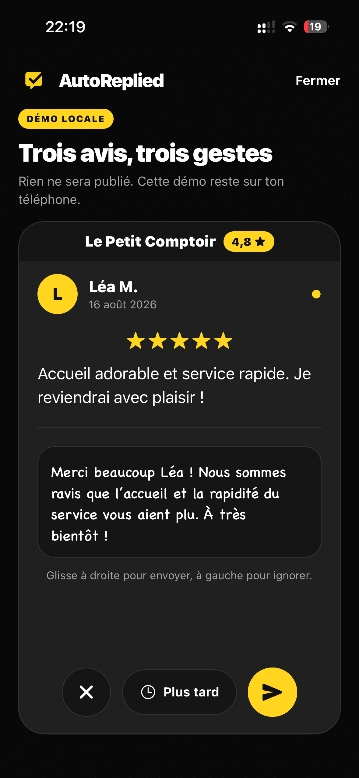Démonstration AutoReplied : un avis Google et sa réponse prête à publier